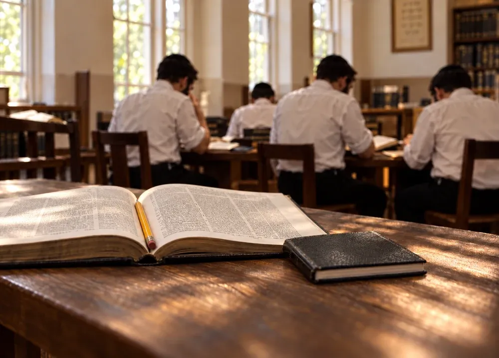 An open Gemara with a pencil in its gutter on a table in a bright beis medrash, with yungeleit learning softly out of focus behind