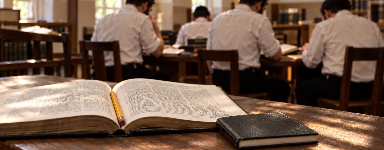 An open Gemara with a pencil in its gutter on a table in a bright beis medrash, with yungeleit learning softly out of focus behind