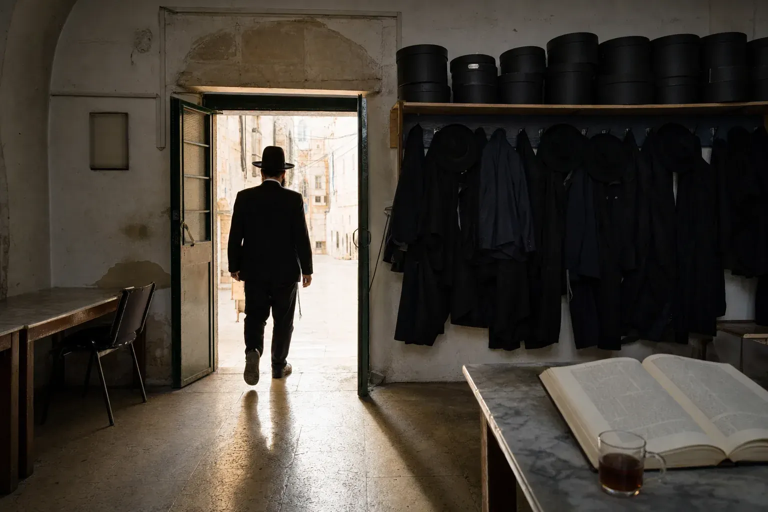 A beis medrash doorway from inside, light spilling across the worn floor