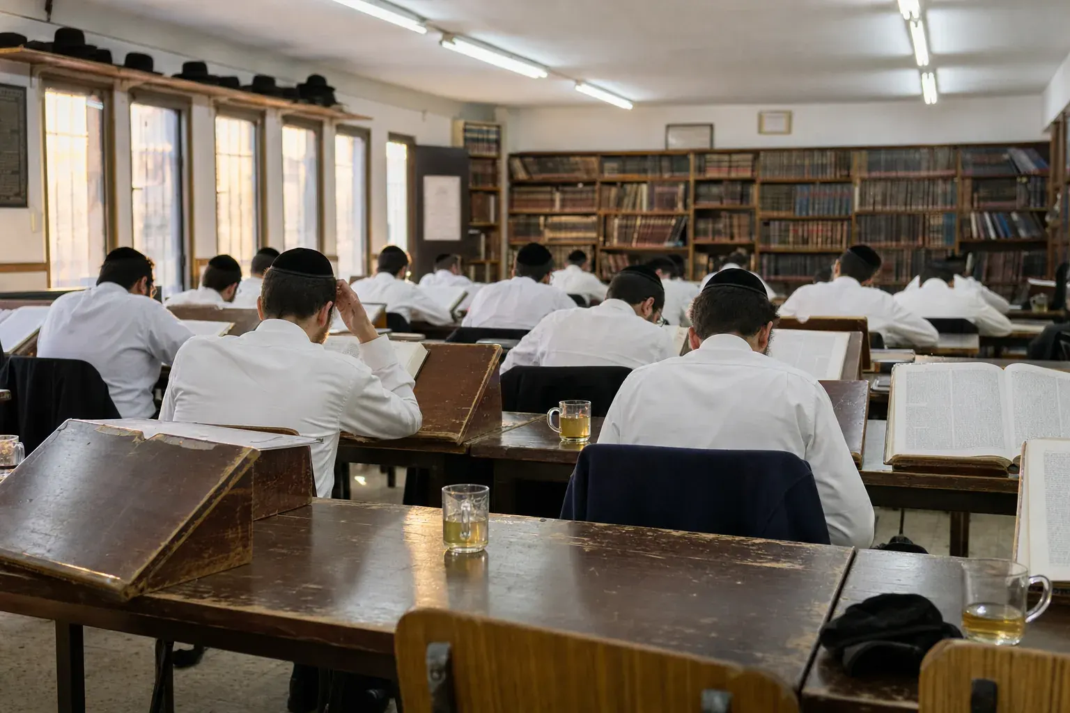 A wide beis medrash interior, fluorescent tubes lit over golden window sun, avreichim seen from behind at worn shtenders