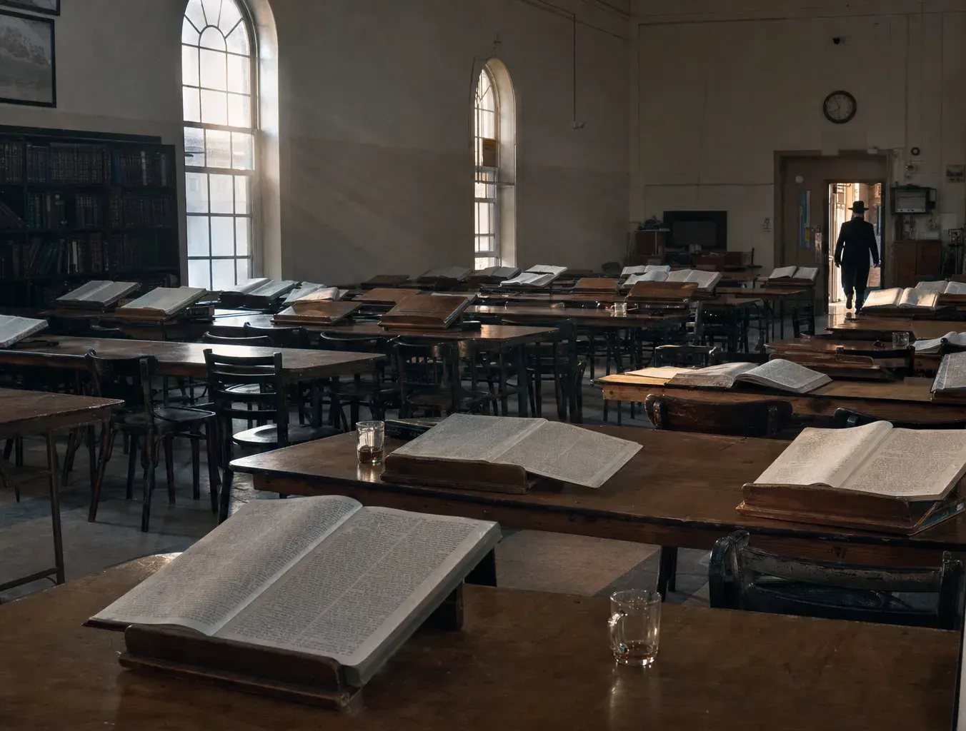 A beis medrash early in the morning, open gemaras waiting at empty places, chairs pushed back, one man entering through the far doorway
