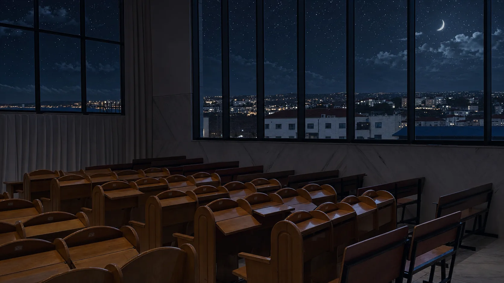 A beis medrash at night, every seat empty, the city lights and moon through the tall windows