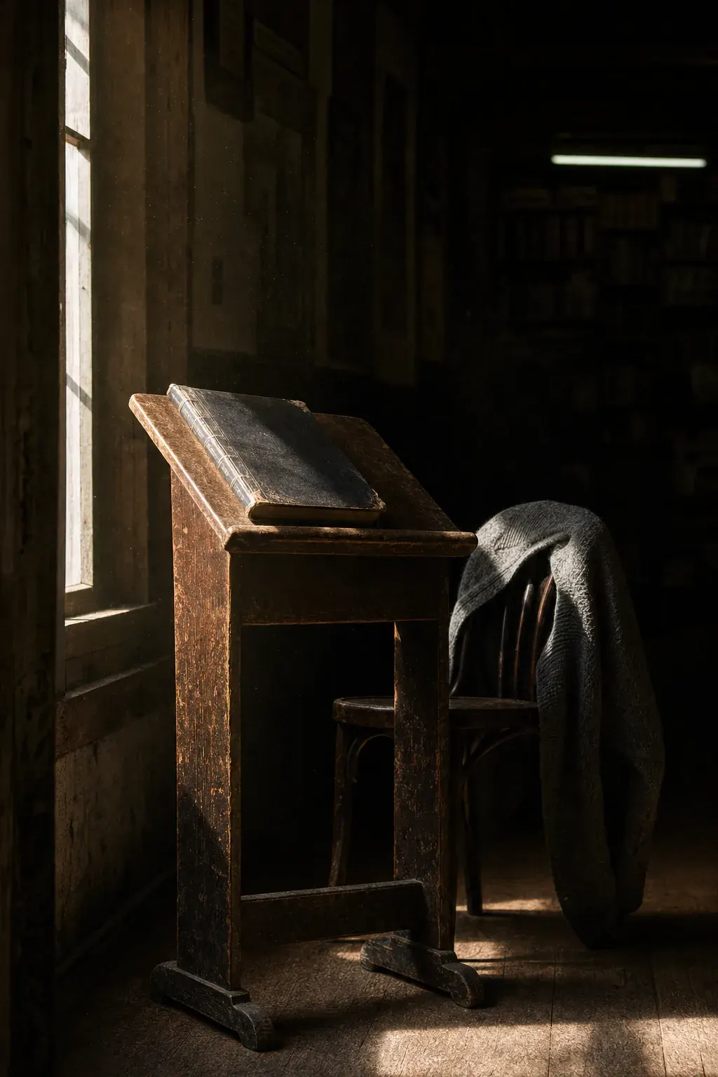 A worn shtender in a column of window light, a sweater over the chair behind it