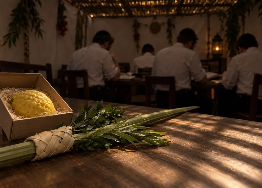 A lulav bound in its koishikel with hadassim and aravos, and an esrog in its box, on a table in a sukkah, with yungeleit learning softly out of focus behind