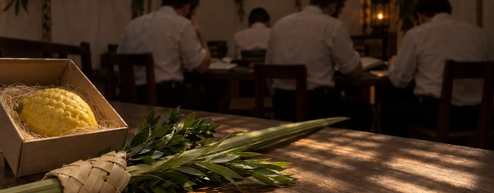 A lulav bound in its koishikel with hadassim and aravos, and an esrog in its box, on a table in a sukkah, with yungeleit learning softly out of focus behind