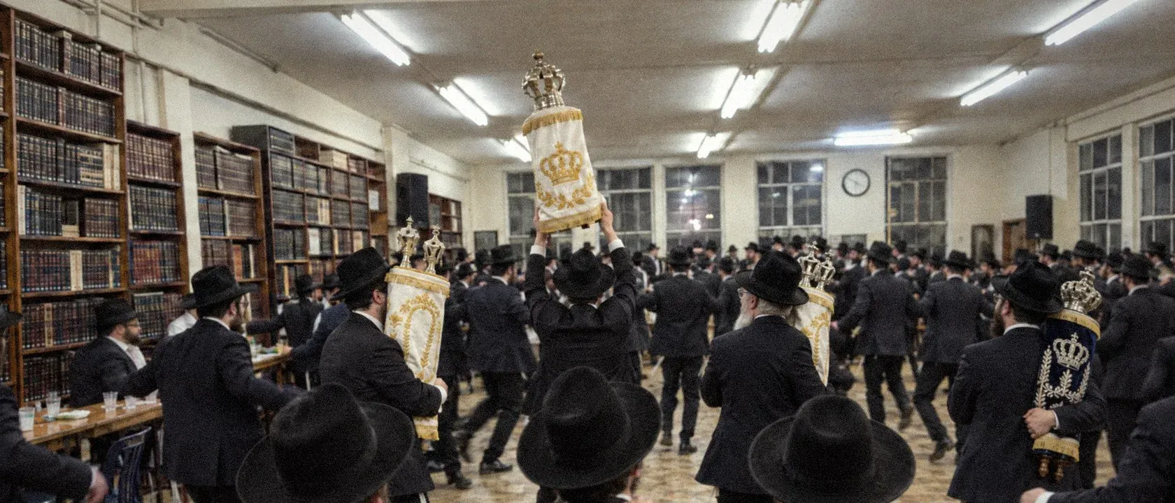 Hakafos on Simchas Torah night in a beis medrash: one sefer Torah in a white mantle raised high by its handles, three more hugged to the chest, men in hats and jackets dancing