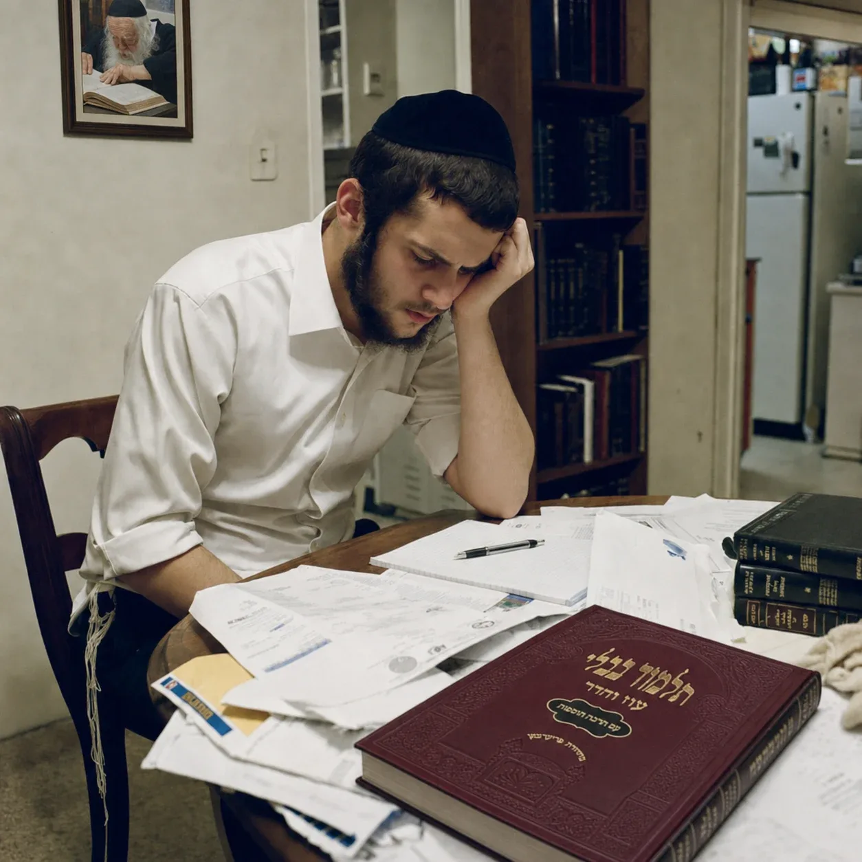 A young man at a kitchen table covered in bills, head in hand, a closed gemara lying beside the paperwork