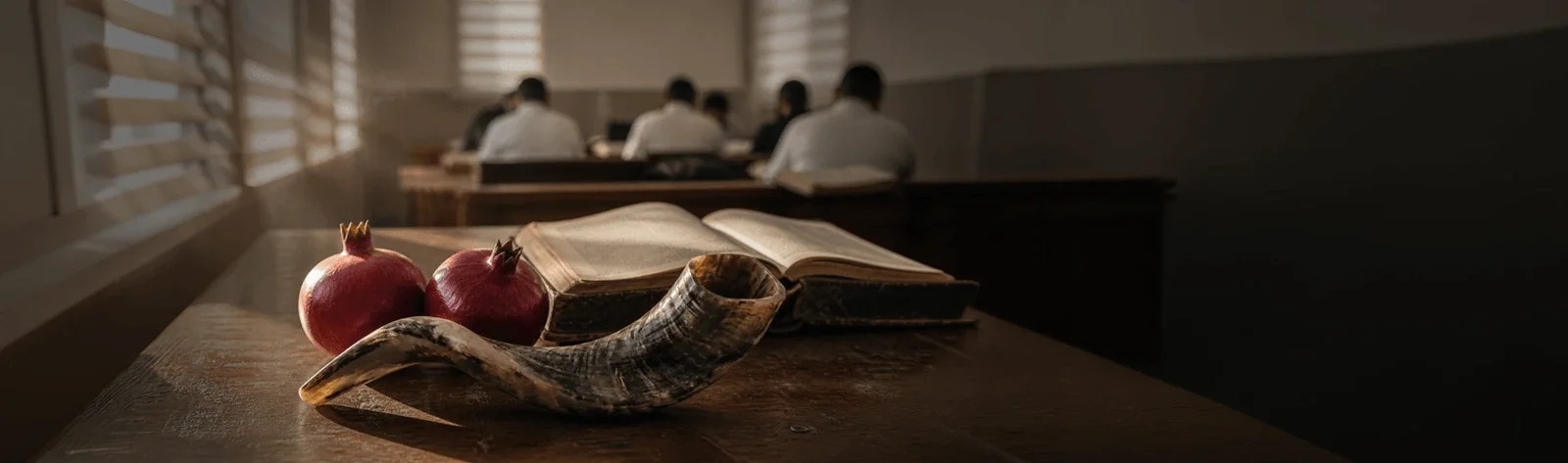 A shofar and two pomegranates beside an open sefer on a study table, lit by a window, with avreichim learning at their tables softly out of focus behind